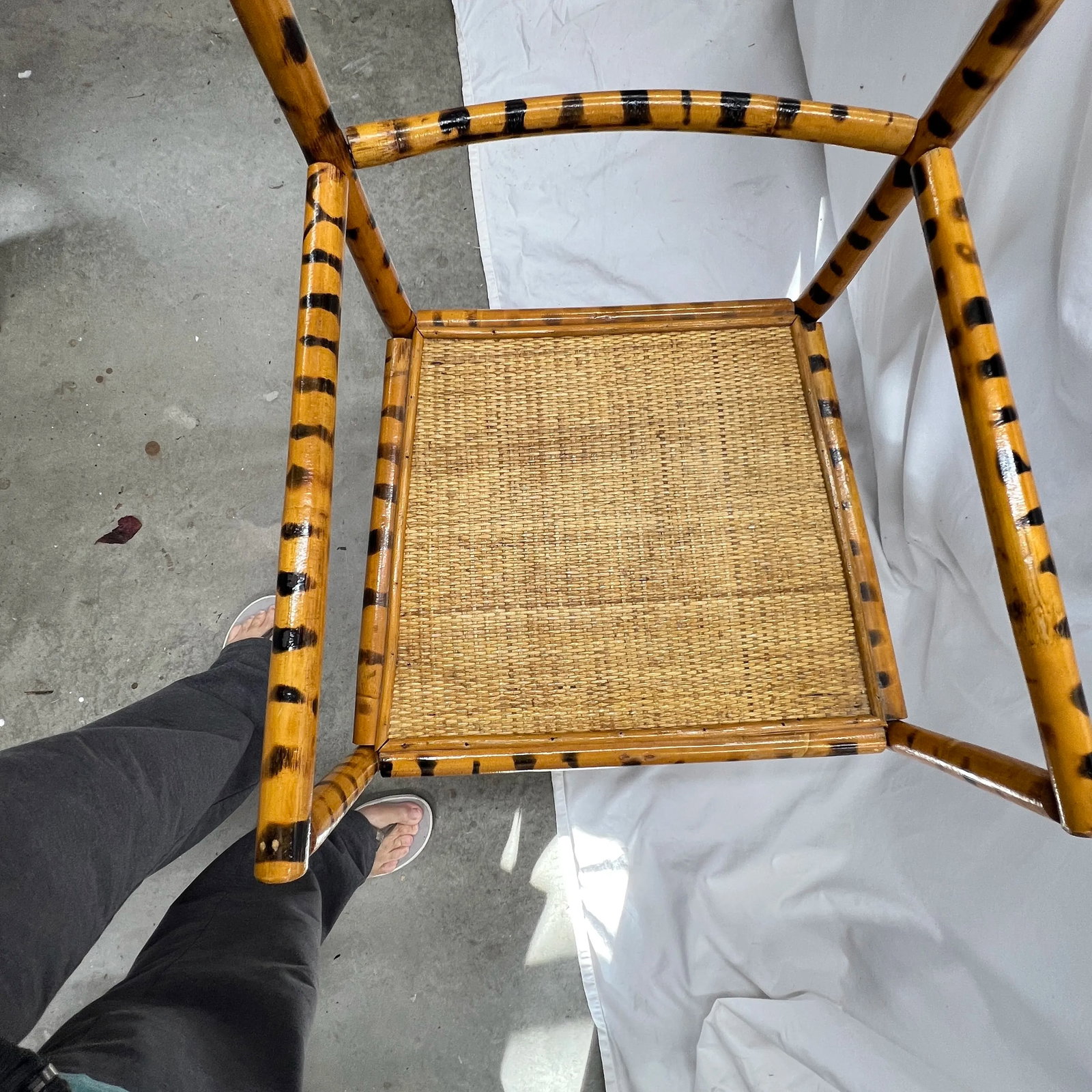 Burnt Bamboo Arm Chair With Woven Rattan Seat. - 4