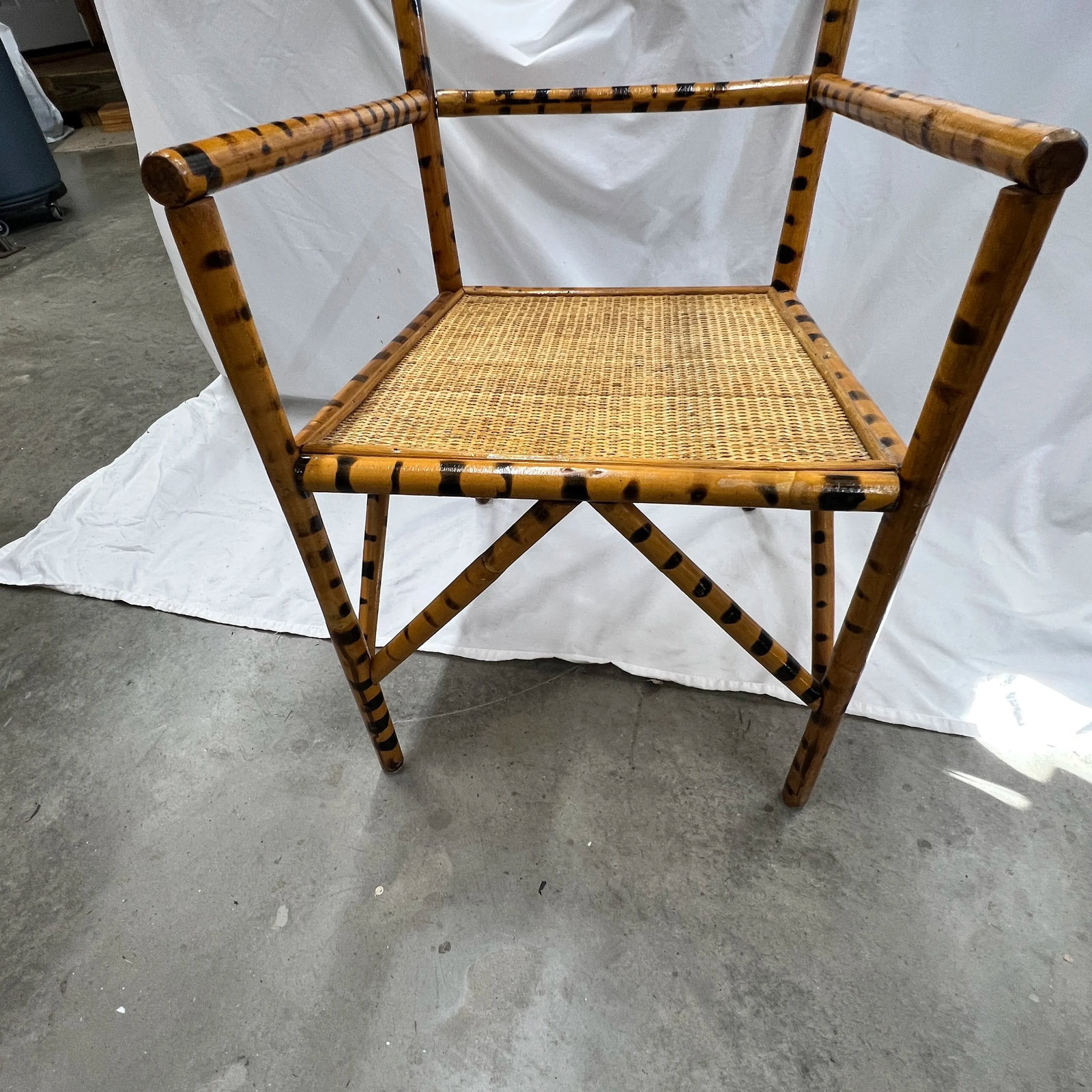 Burnt Bamboo Arm Chair With Woven Rattan Seat. - 6