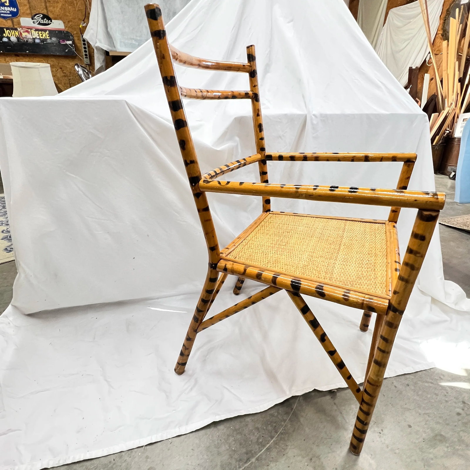 Burnt Bamboo Arm Chair With Woven Rattan Seat. - 8