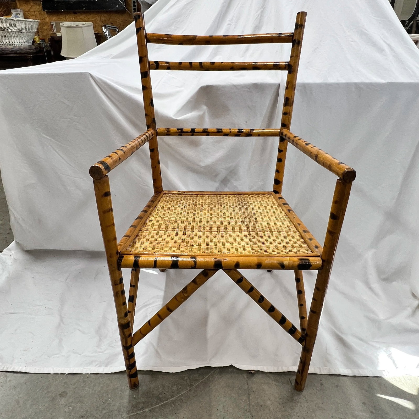 Burnt Bamboo Arm Chair With Woven Rattan Seat. - 9