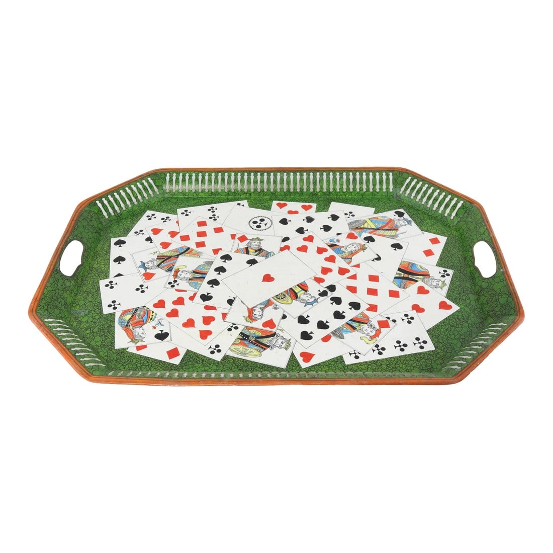 20th Century Hollywood Regency Style Hand-Painted Playing Cards Art Decorative Metal Tray: 20th Century Hollywood Regency Style Hand-Painted Playing Cards Art Decorative Metal Tray Condition: Alterations: Original Condition Unaltered Imperfections: Some Imperfections Condition Notes: The