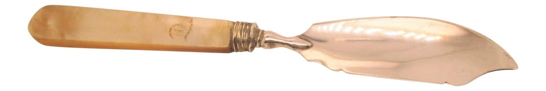 Antique 1837 English Sterling Silver Butter Knife: Sterling Silver butter knife by T&P, Taylor and Perry Birmingham England 1837. Mother of Pearl handle engraved monogram T. Hallmarks to the reverse side of the blade. Size 6.6" by.75" Inv. E-31