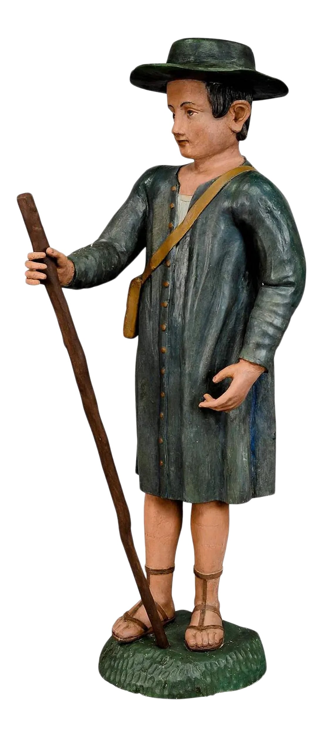 Mid 19th Century Antique Wooden Carved Crib Figurine of a Shepherd: Antique Wooden Carved Crib Figurine of a Shepherd A large antique wooden carved statue of a shepherd, probably from a Christmas crib. Handcarved in Germany in the second half of the 19th century.