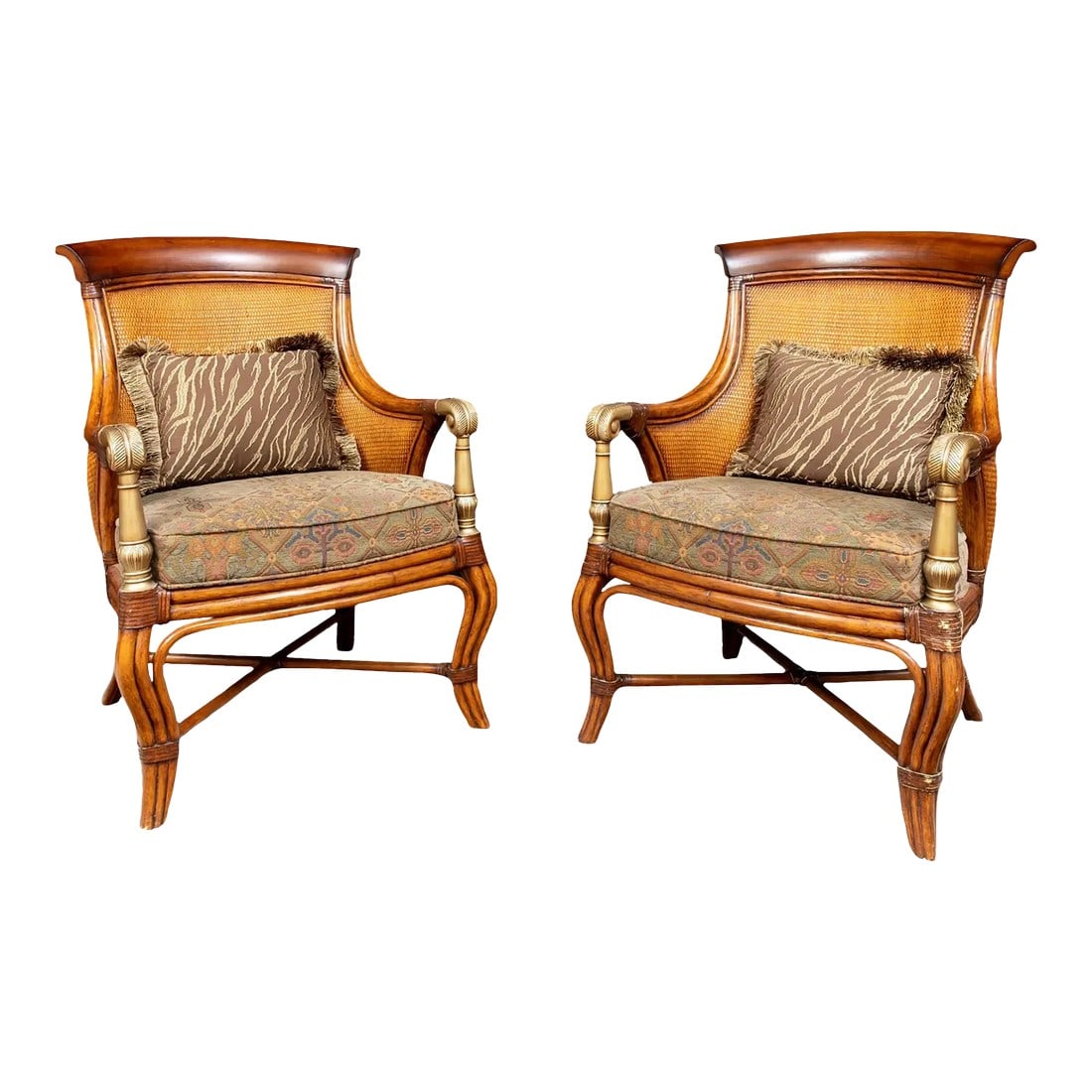 A Pair Ethan Allen Bermuda Upholstered Chair: The Ethan Allen Bermuda Chair features a tightly woven backrest, curled metal armrests, and a rattan-style four-legged base. The wooden backrest has a medium-toned finish and soft, flowing lines. The