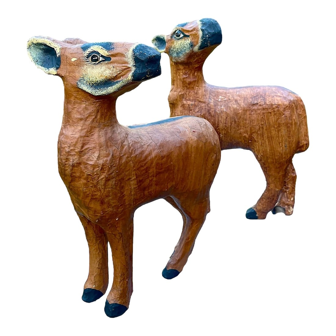 1960s Hand Painted Paper Mache Deer - a Pair: These charming 1960s paper mache deer bring a whimsical touch and timeless tradition to any holiday or home décor. Handcrafted and hand painted with special attention to their lifelike features;