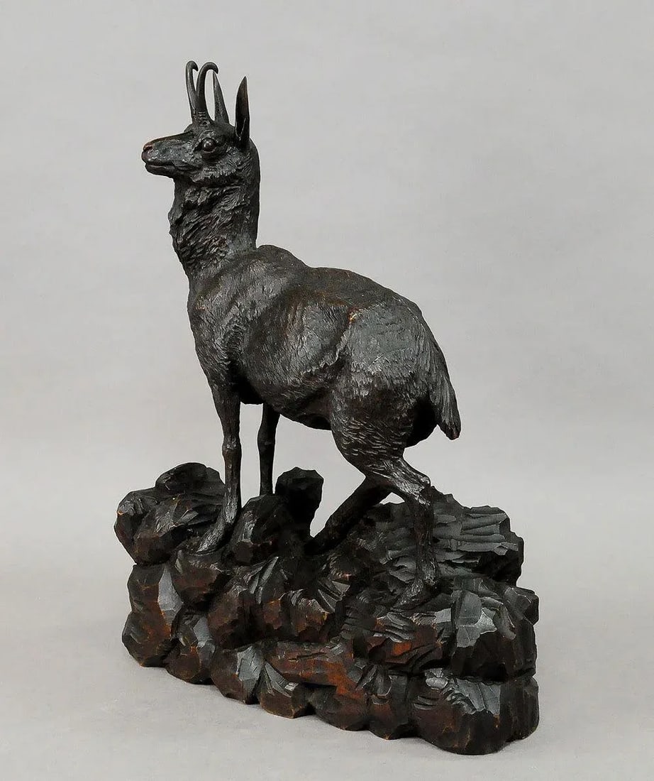 Black Forest Great Carved Wood Chamois Sculpture - 3