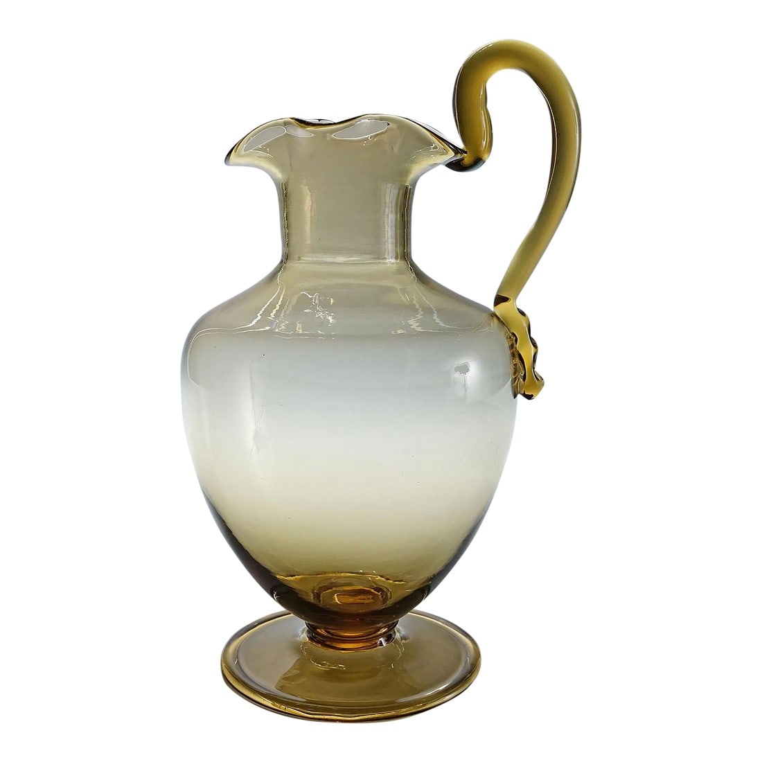 Vetro Soffiato Glass Jug Tiziano, Venini Murano Ca. 1930s: Vetro Soffiato Glass Jug Tiziano, Venini Murano ca. 1930s A large 'Vetro Soffiato' (blown glass) art glass jug in smoke-hued transparent glass. Manufactured by Venini Murano Venice ca. 1930s - 50s.