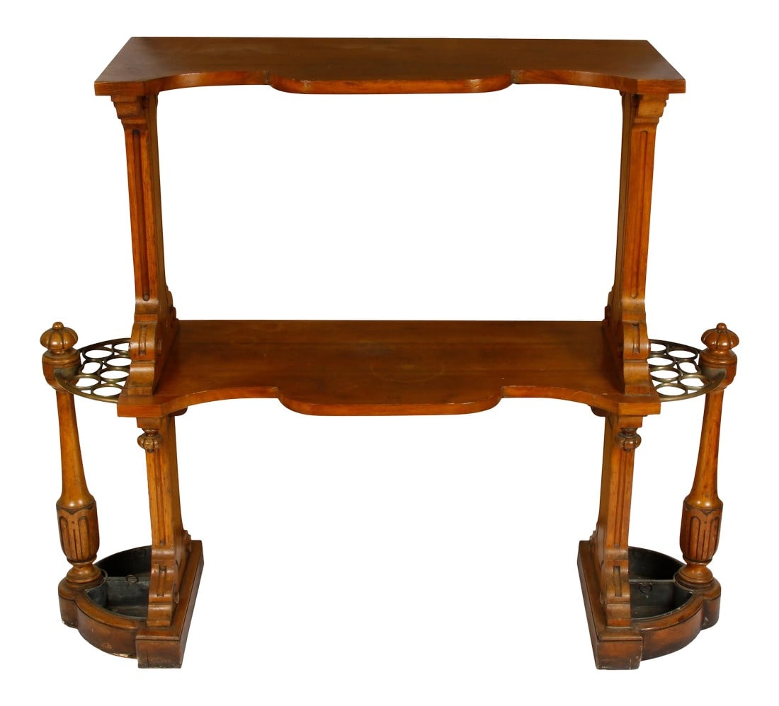 Antique English Two-Tier Etagere Hall Stand: Antique English two-tier étagère hall stand with fluted design and rosette finial. Brass ringed umbrella holder on two sides. Condition: Alterations: Unknown Imperfections: Some