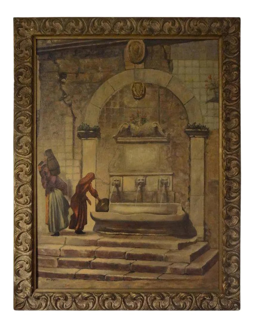 1920s Louis Saphier Signed Orientalist Scene Oil on Canvas: Louis Saphier was active and lived in both New York and Holland. He is known for landscapes, garden scenes, portraits and rural genre paintings. New York artist Louis Saphier (1875 - 1954) is perhaps 