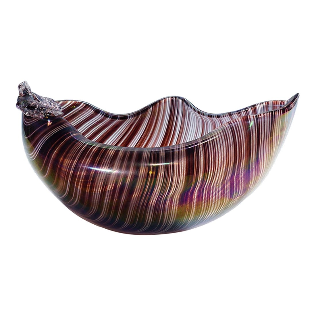 Large Tessuto Bowl by Tyra Lundgren for Venini, Murano: Large Tessuto Bowl by Tyra Lundgren for Venini, Murano A large tessuto glass bowl made of transparent glass decorated with fine red canes and an iridized surface. The bowl has a wavy rim and a pair