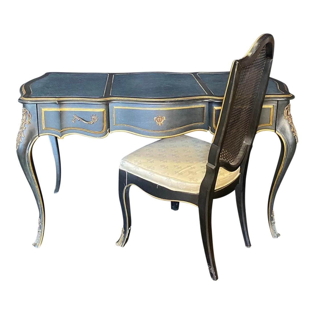 French Louis XV Style Leather Top Writing Desk With Matching Desk Chair -A Set: This lovely Drexel vintage writing desk in the French Louis XV style includes a matching Louis XV style chair and displays lovely French Provincial style having curvaceous cabriole legs, 3 drawers acc