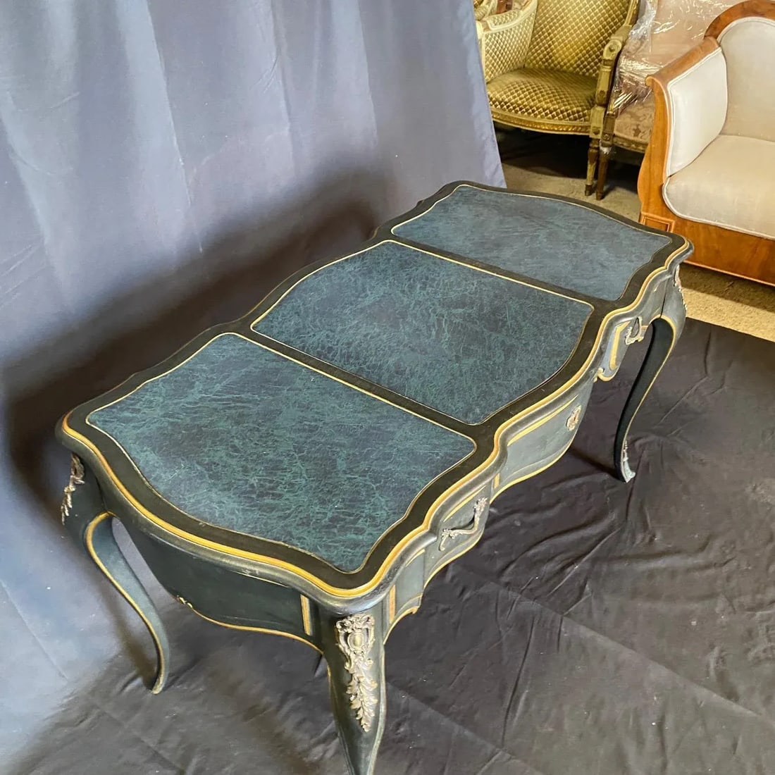 French Louis XV Style Leather Top Writing Desk With Matching Desk Chair -A Set - 5