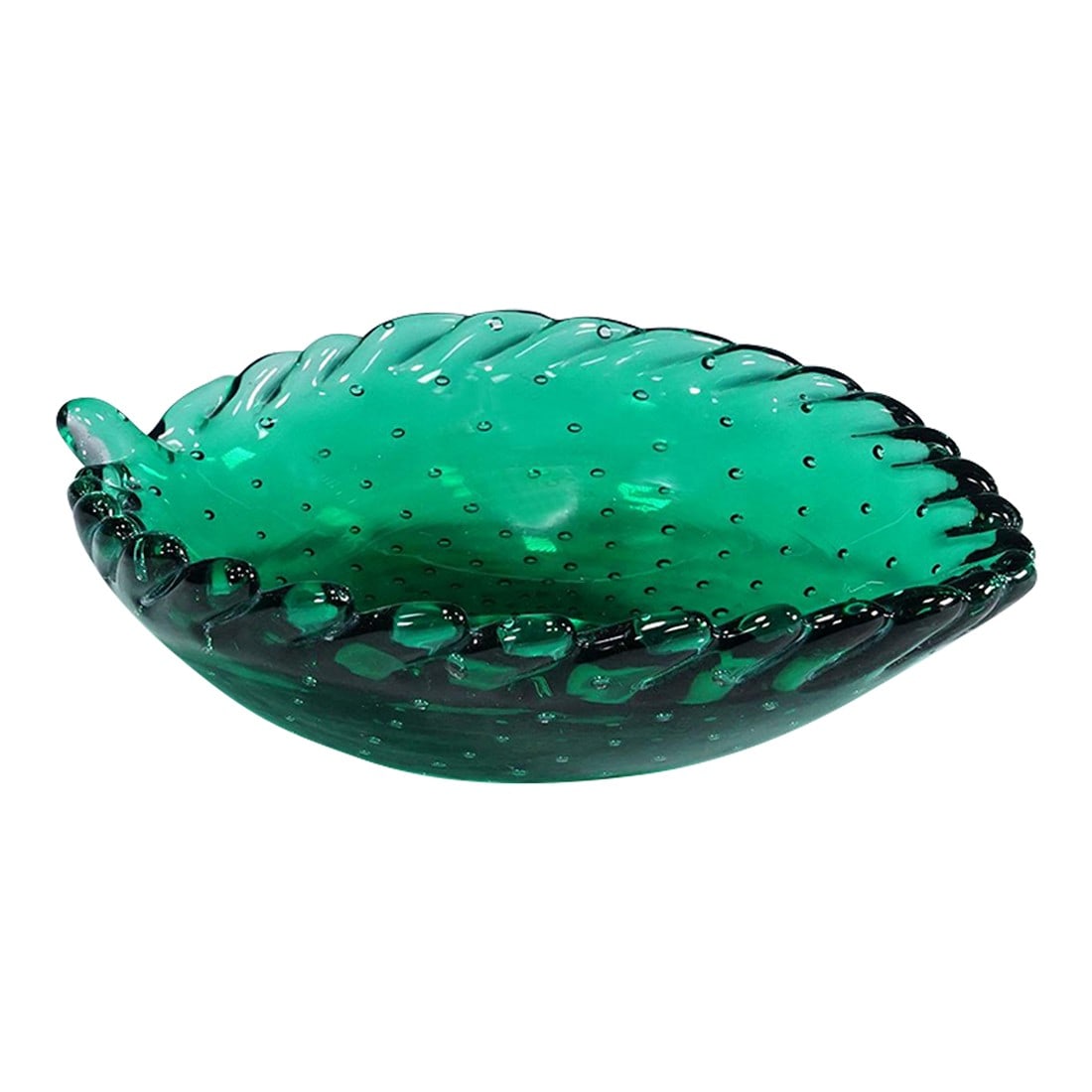 Small Leaf Bowl by Tyra Lundgren for Venini 1950s: Small Leaf Bowl by Tyra Lundgren for Venini 1950s Small bowl made of green glass with regular air bubble decoration and a pinched rim. Designed by Tyra Lundgren in the 1930s, manufactured by Venini,