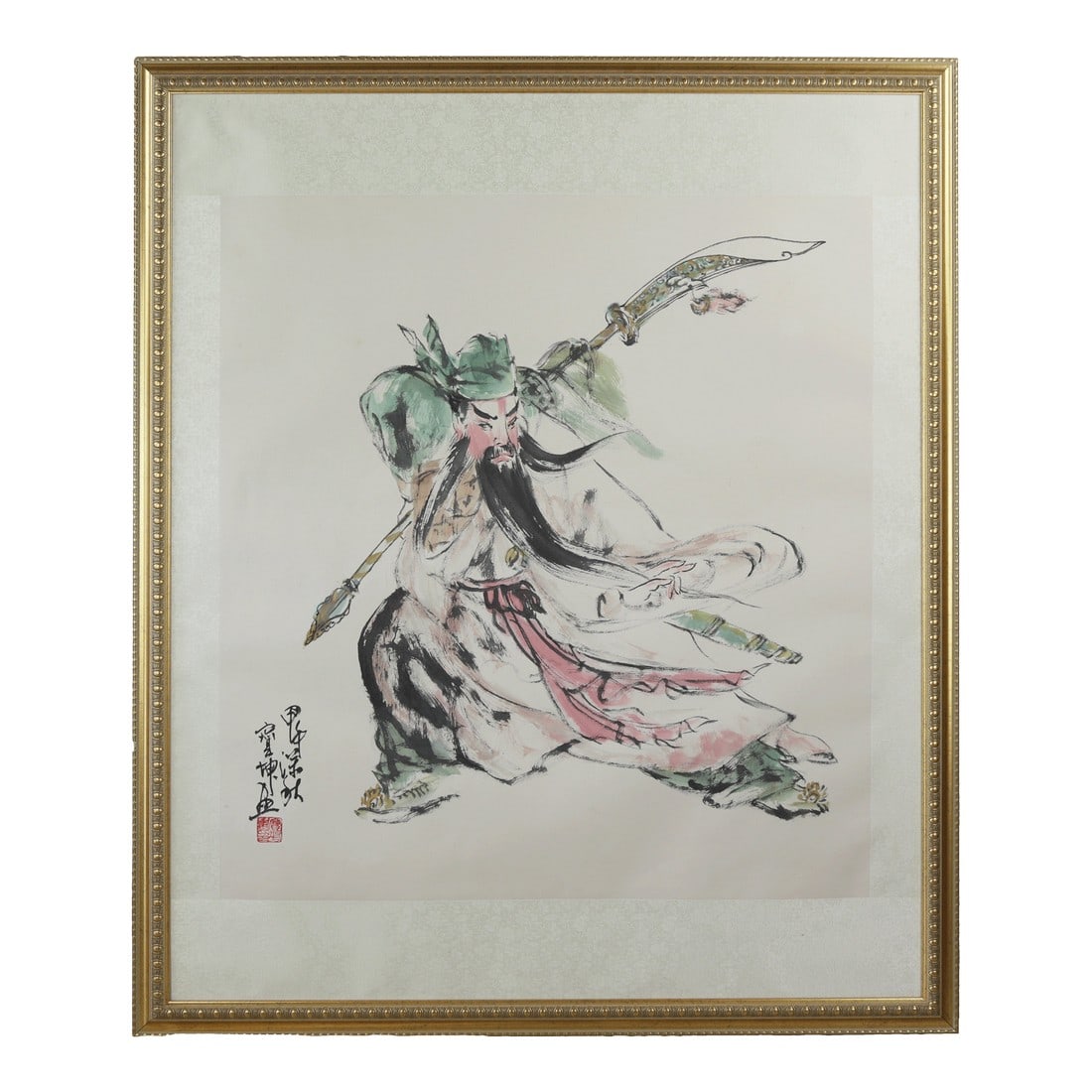 Traditional Chinese Ink Painting of Guan Yu: This painting is a traditional Chinese ink painting on paper, depicting the ancient god of war Guan Yu holding a blue dragon crescent moon in a dynamic posture. The work adopts an expressive and