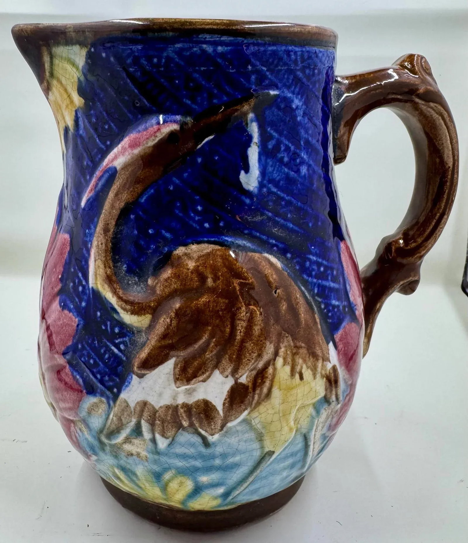 Antique 19th Century French Majolica Pitcher /Jug Decorated With Cranes - 5