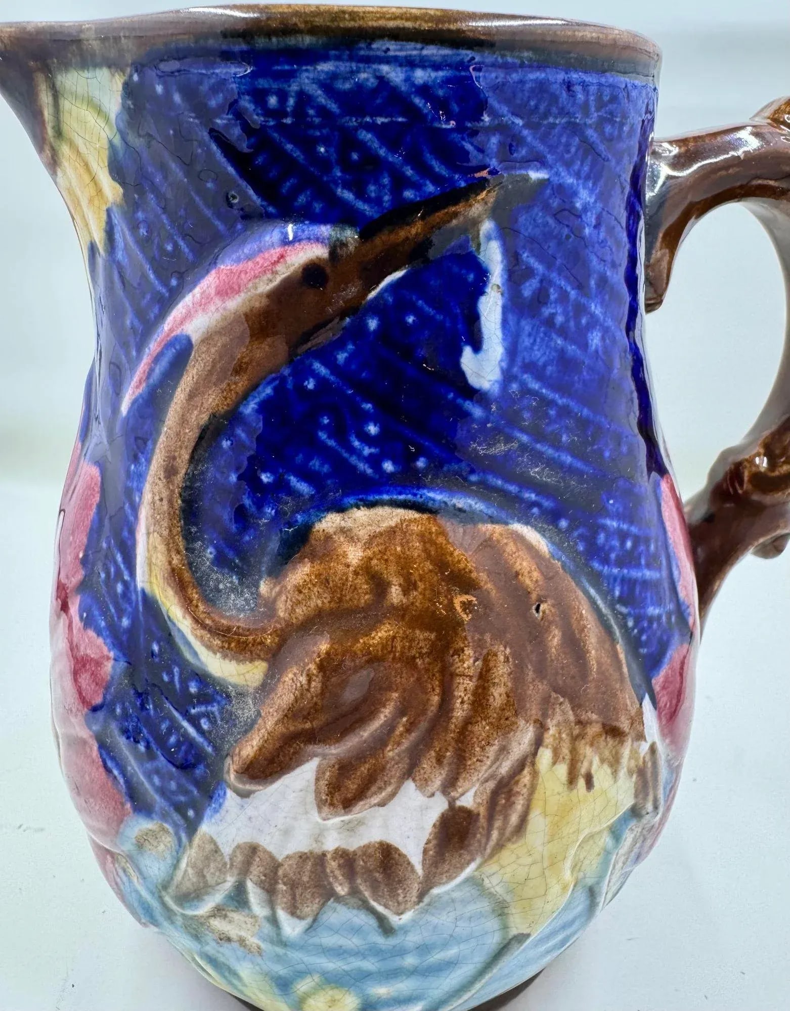 Antique 19th Century French Majolica Pitcher /Jug Decorated With Cranes - 6