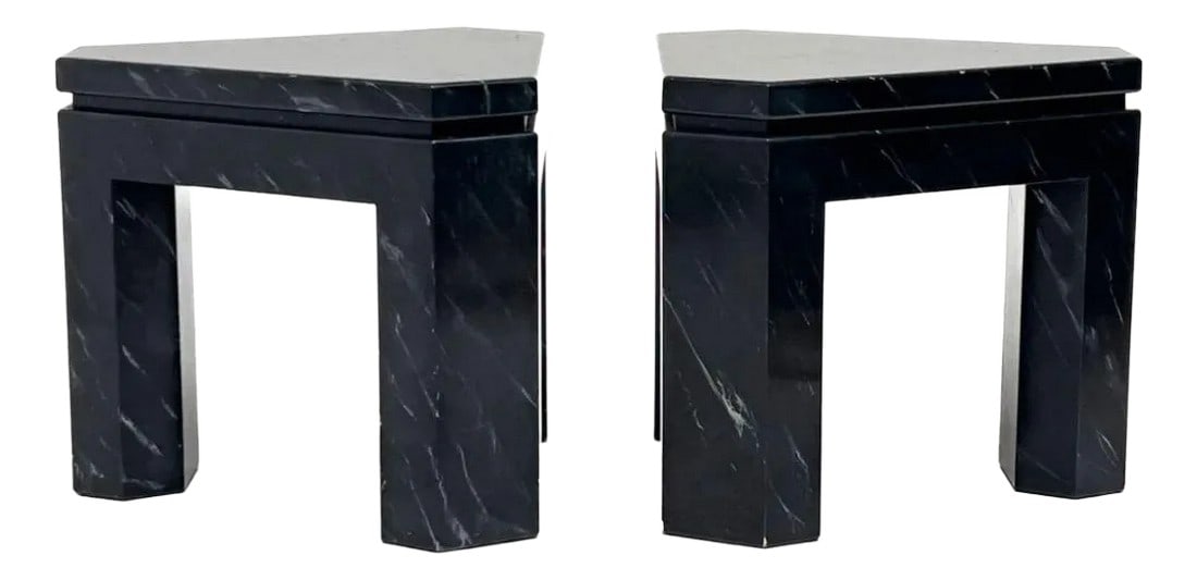 Pair of Black Faux Marble Geometric Side Tables: This pair of side tables features a bold triangular shape, offering a modern and geometric design. Each table is finished completely in a faux black marble, exuding a stylish and contemporary edge.