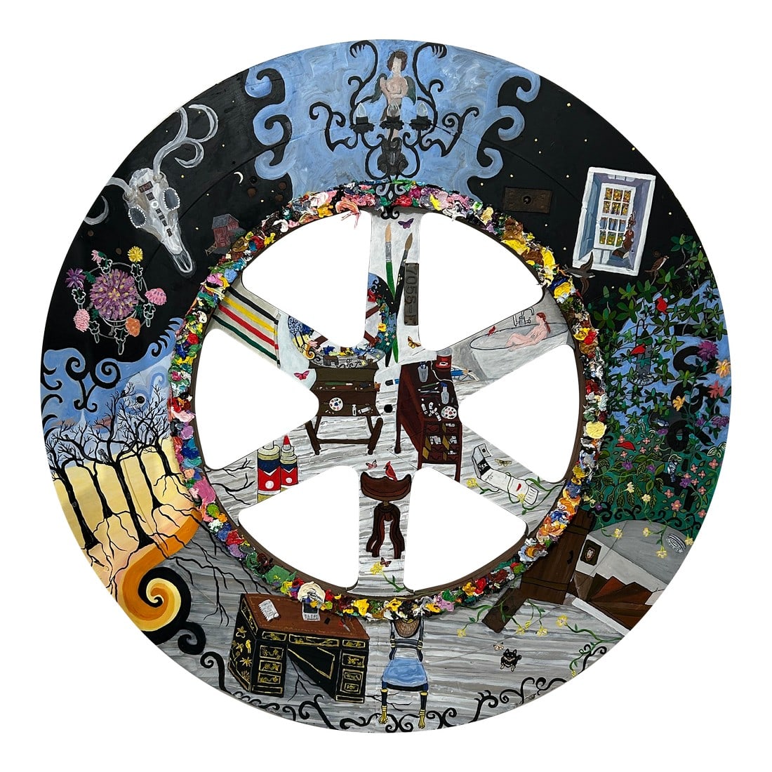 Very Large Original Studio Painting on Industrial Object: Large impressive very detailed autobiographical painting on round found object industrial factory wheel. Titled "Studio 360" By contemporary self taught artist Fay Sciarra. Condition: Alterations: