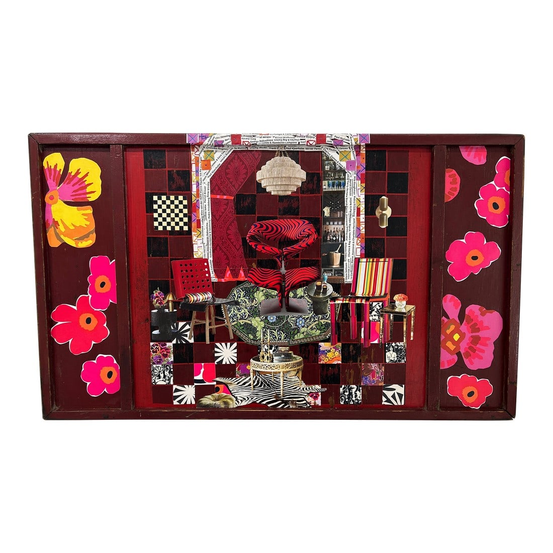 Collage on Vintage Game Board Original Art: Fabulously fun and eye grabbing collage on antique maroon and black game board titled "Chairplay". Subject is an imaginary living room with designer trio of chairs and a very clever composition where