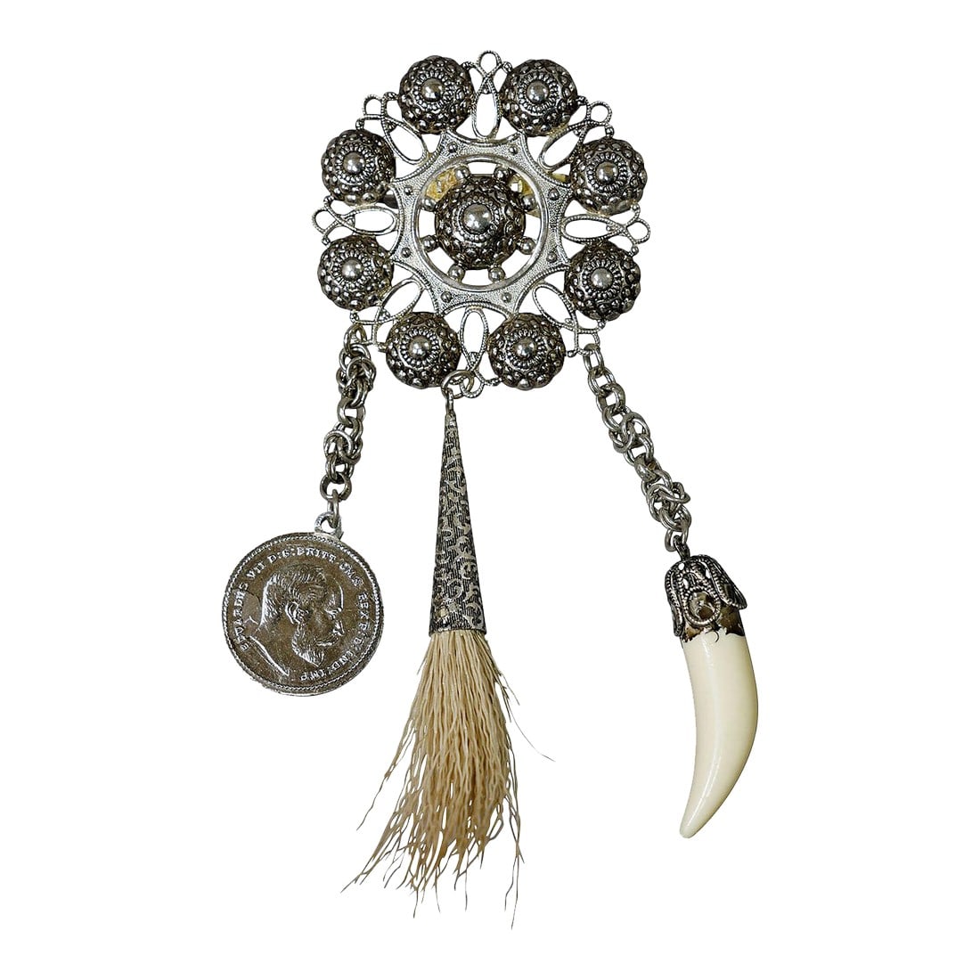 Vintage Bavarian Traditional Costume Jewelry Brooch With Hunting Pendants: Vintage Bavarian Traditional Costume Jewelry Brooch with Hunting Pendants An old Bavarian traditional costume pin. A beautiful piece of historical Bavarian folk art jewelry, a real collector's item.