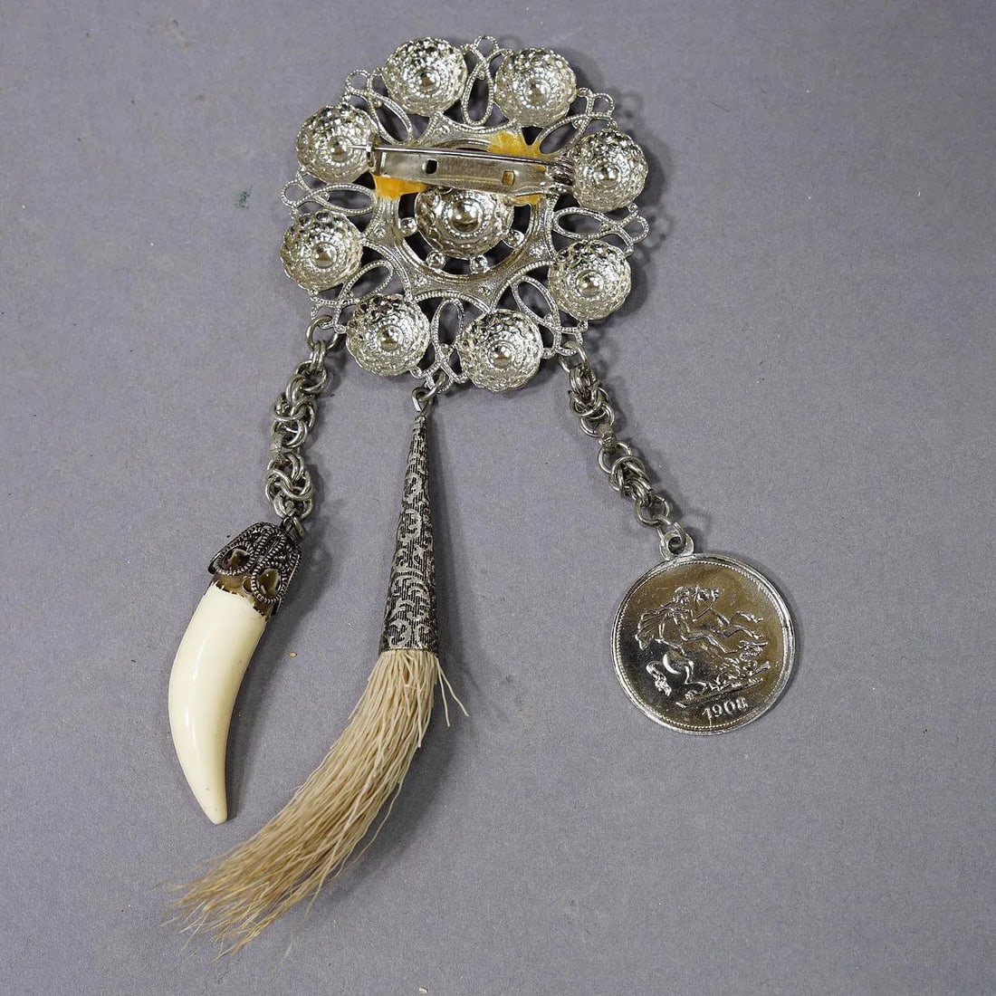 Vintage Bavarian Traditional Costume Jewelry Brooch With Hunting Pendants - 3