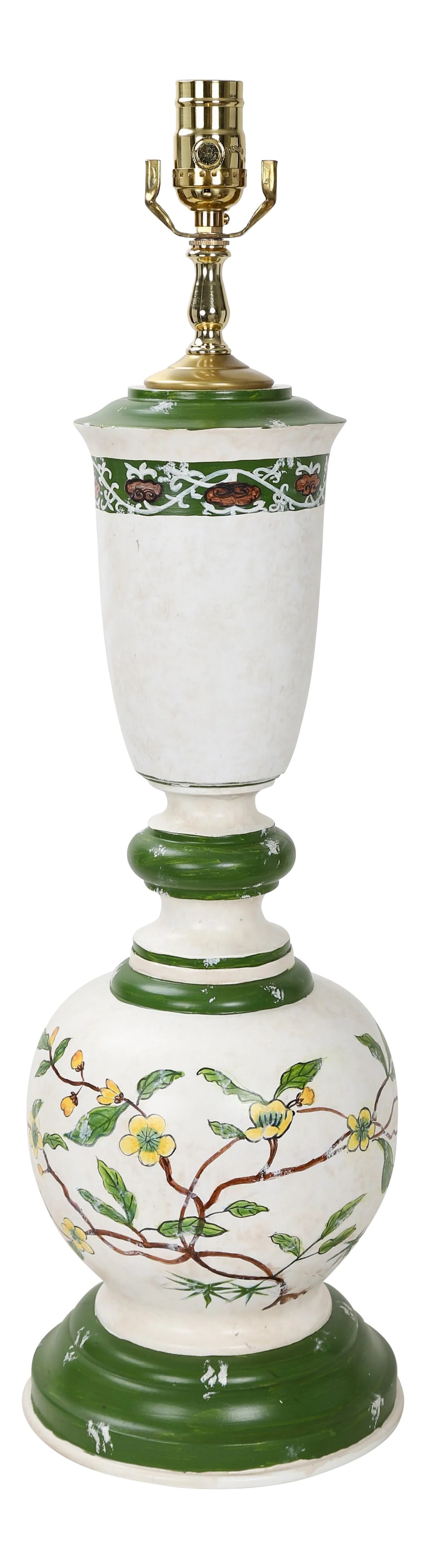Vintage White and Green Hand-Painted Trophy Table Lamp: This vintage vase lamp is hand-painted with pictures of chinoiseries flowers on a white background and mounted on a wooden base. The bright colors have excellent decorative effects and are completely 