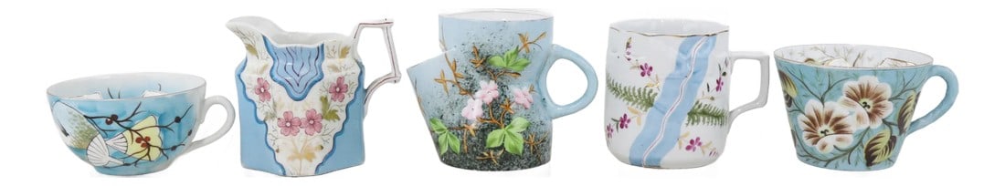 Set of Five Vintage Victorian Hand-Painted Porcelain Mugs: (from left to right) mug1: 4.75"˜'x4''x2.2'' mug2: 4.5"˜'x3.25''x3.75'' mug3: 5"˜'x3.25''x4'' mug4: 4.4''x3.5''x3.5'' mug5: 4.75''x4''x2.75'' Condition: Alterations: Original Condition 