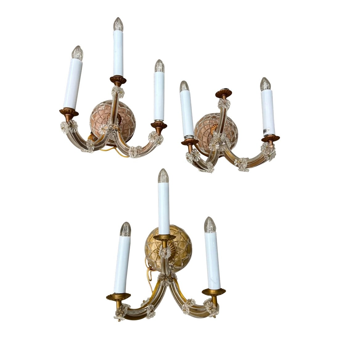 1970s Gold and Lucite Wall Sconces - Set of 3: Up for consideration is a beautiful trio of gold and lucite wall sconces. These would look lovely in your home and they are a great find for the interior design enthusiast. Please check out my other l