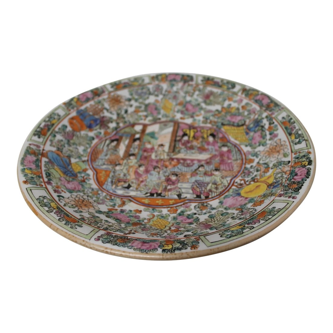 18th Century Chinese Famille Rose Porcelain Dish: This exquisite 18th-century Chinese Famille Rose porcelain dish showcases a detailed depiction of the emperor's court, set against a white background with elegant pink, rust, green, and yellow