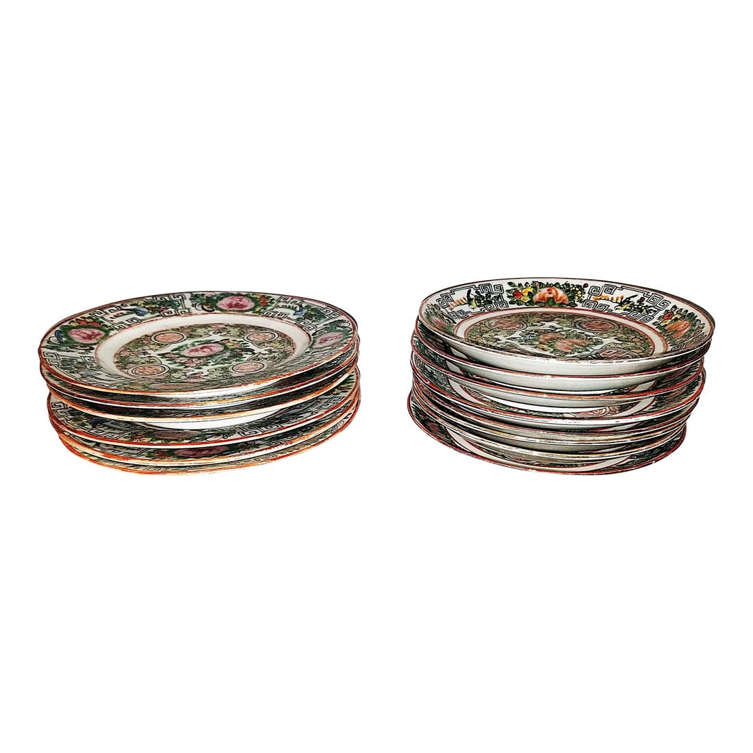 Chinese Famille Rose Small Plates 1920-30s, Set of 12: Classic set of 1920-1930s Chinese export Famille Rose lacquered porcelain small 6" plates and 5.5" shallow bowls in the pink rose motif plus 1 bowl with old cracks for decor included free. 1 plate wit