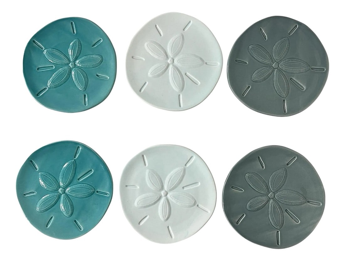 Fitz and Floyd Cape Coral Collection Coastal Sand Dollar Appetizer Mo Plates - Set of 6: Fitz and Floyd Cape Coral Home Collection coastal style sand dollar appetizer plates. Would also look great on a plate or gallery wall. Included 2 turquoise, 2 coastal blue and 2 light blue. Measure