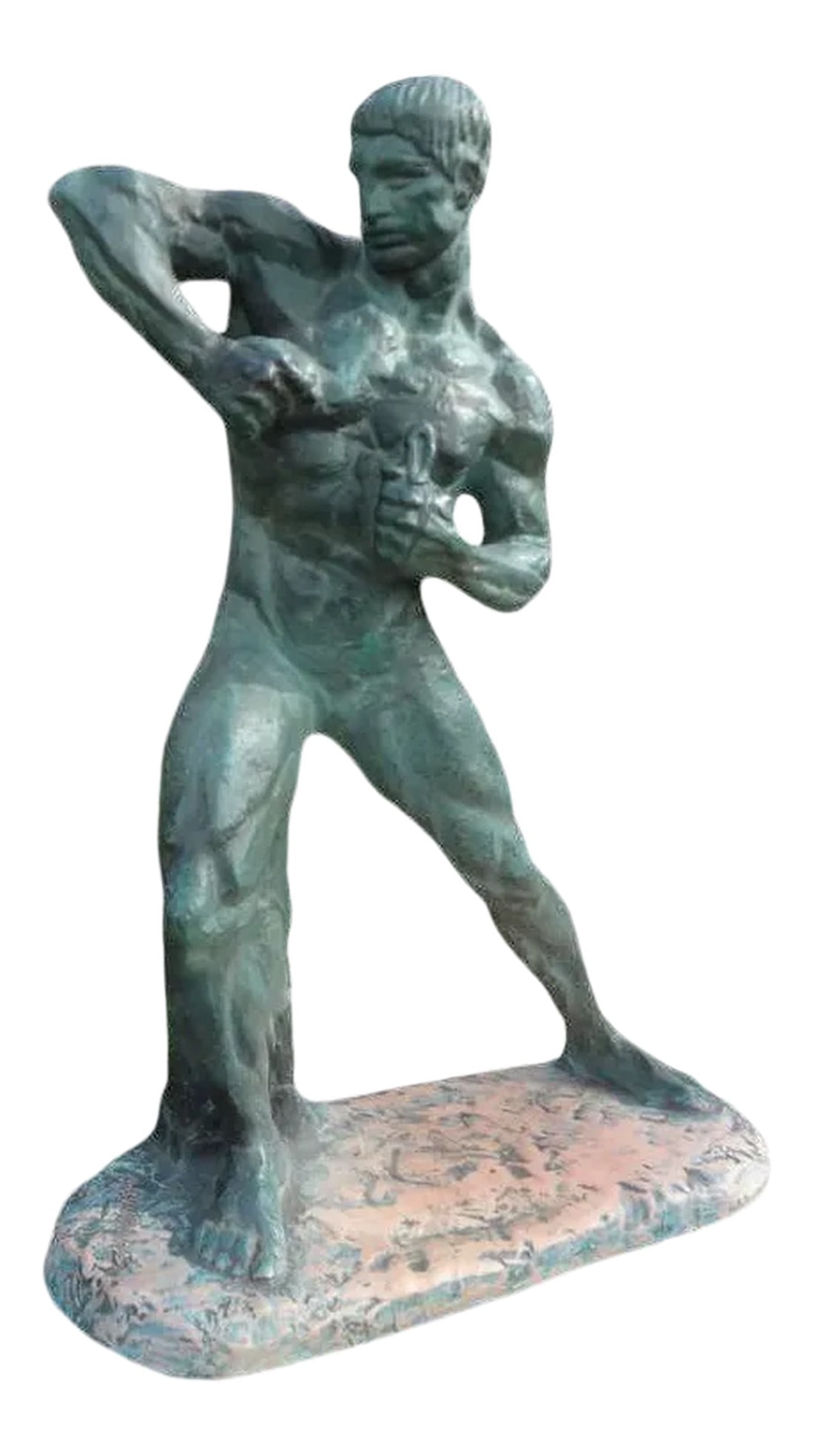 1930's French Art Deco Terracotta Sculpture, Signed Bargas: This fabulous French Art Deco patinated terra cotta sculpture of a nude male athlete is signed Henri Bargas. This well executed sculpture has a patinated finish that resembles bronze and dates to the