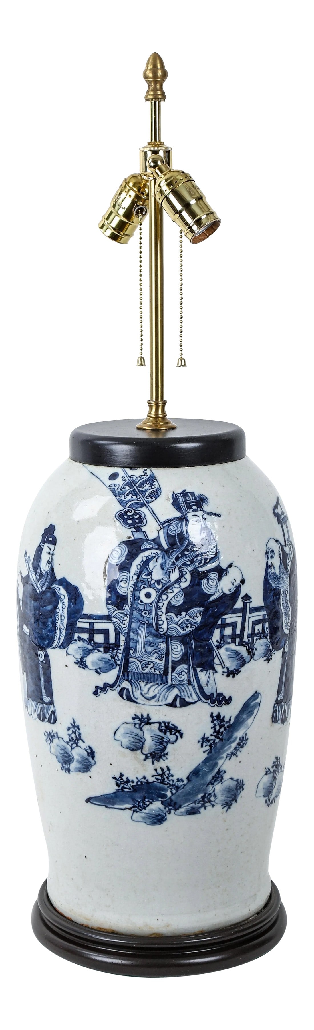 19th Century Chinese Blue and White Porcelain Vase Table Lamp: 19th century Chinese blue and white porcelain vase table lamp. The 19th century Chinese blue and white porcelain vase table lamp. The emperor and officials are hand-painted on the vase. The blue and