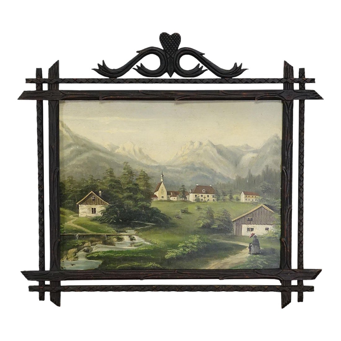 19th Century Alpine Landscape Oil Painting With Tyrolian Mountain Village: 19th Century Alpine Landscape Oil Painting with Tyrolian Mountain Village The antique oil painting captures the charm of an Alpine landscape, featuring a picturesque Tyrolean mountain village.