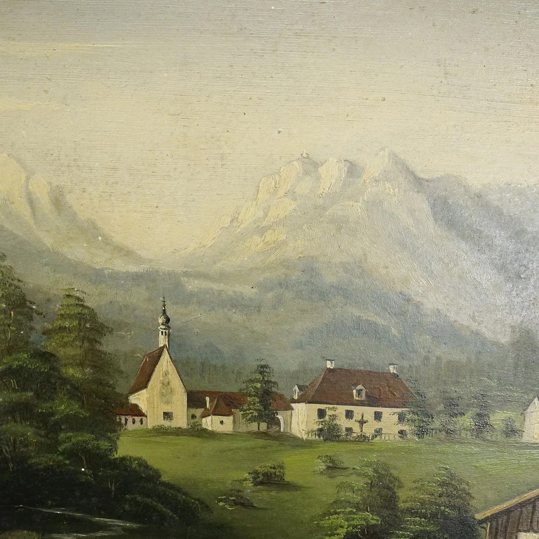 19th Century Alpine Landscape Oil Painting With Tyrolian Mountain Village - 4