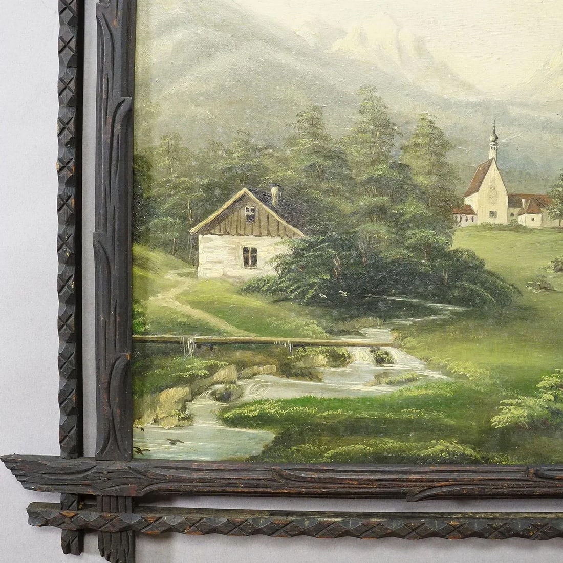 19th Century Alpine Landscape Oil Painting With Tyrolian Mountain Village - 5