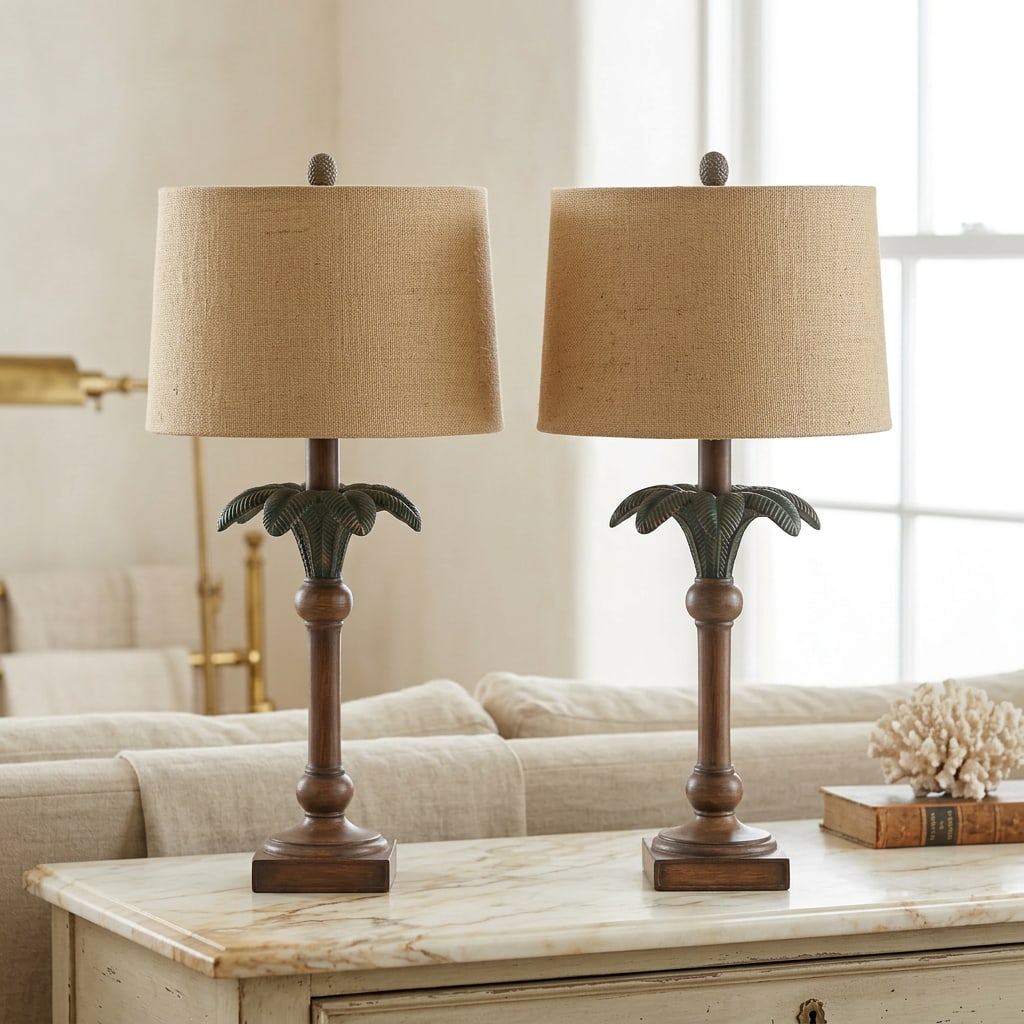 1980s Vintage Palm Leaf Table Lamps With Shades, a Pair - 2