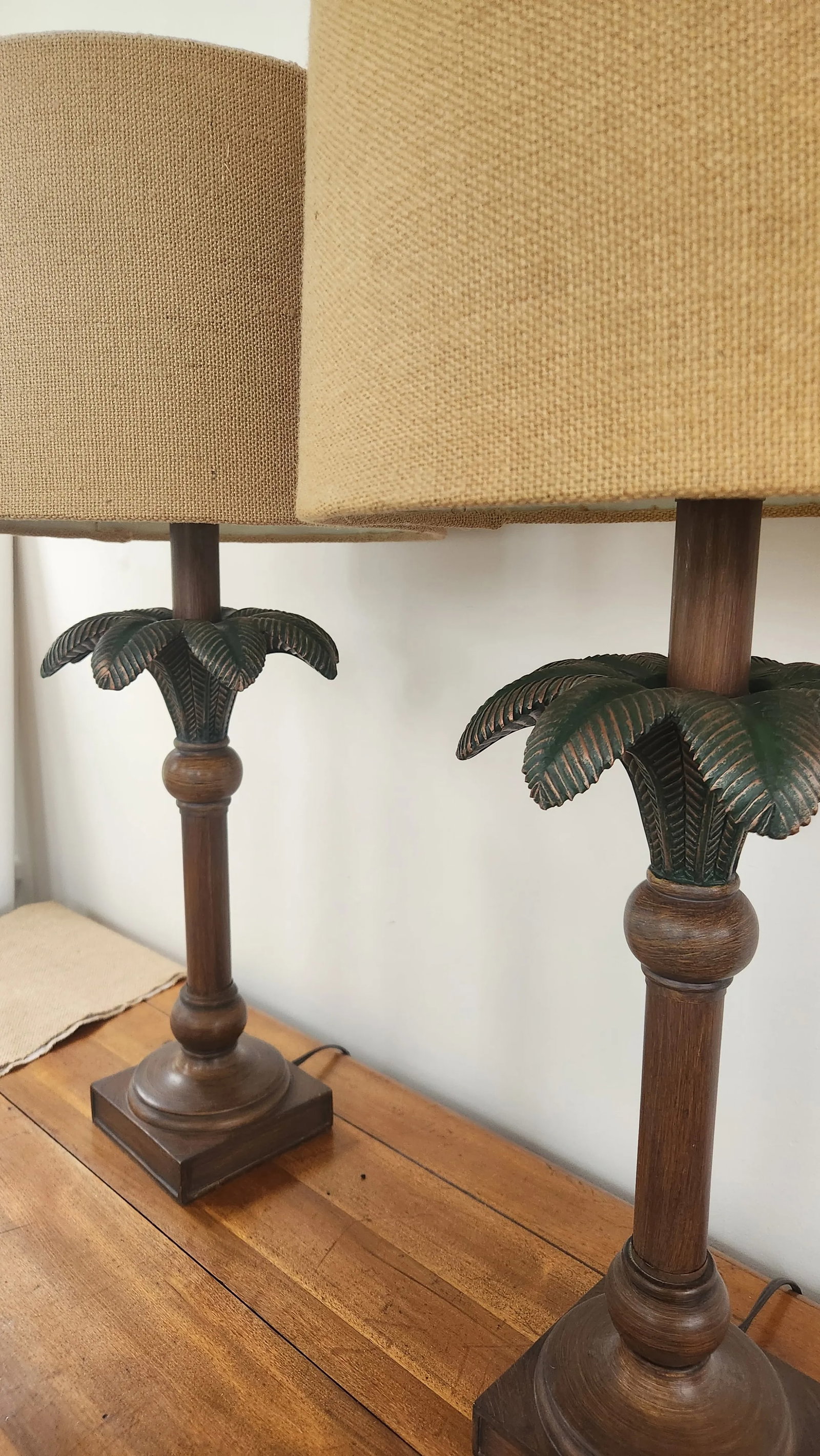 1980s Vintage Palm Leaf Table Lamps With Shades, a Pair - 9