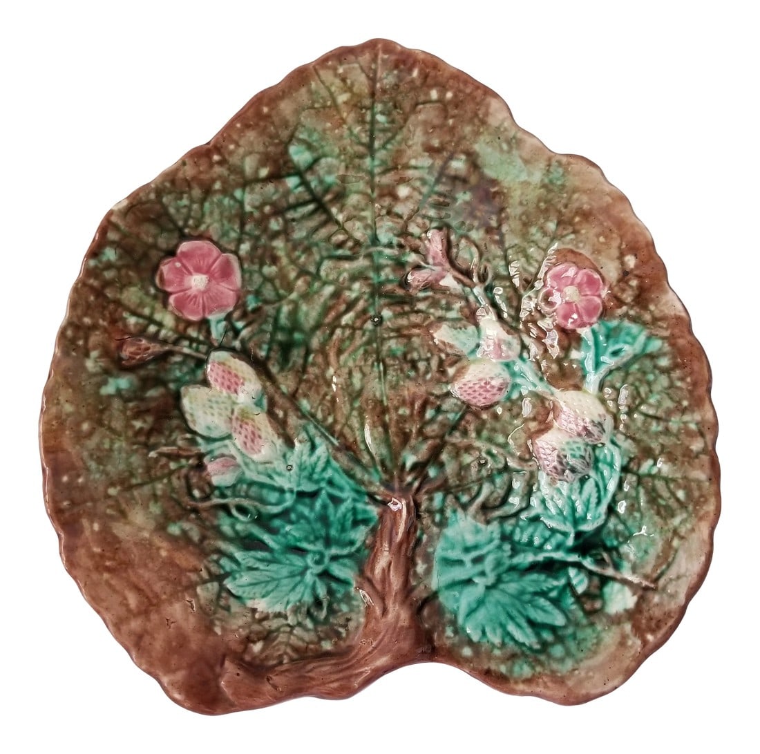 Begonia Leaf Majolica Serving Plate: Antique English strawberry pattern begonia leaf plate. Condition: Alterations: Original Condition Unaltered Imperfections: Some Imperfections Condition Notes: Minor imperfections see images.
