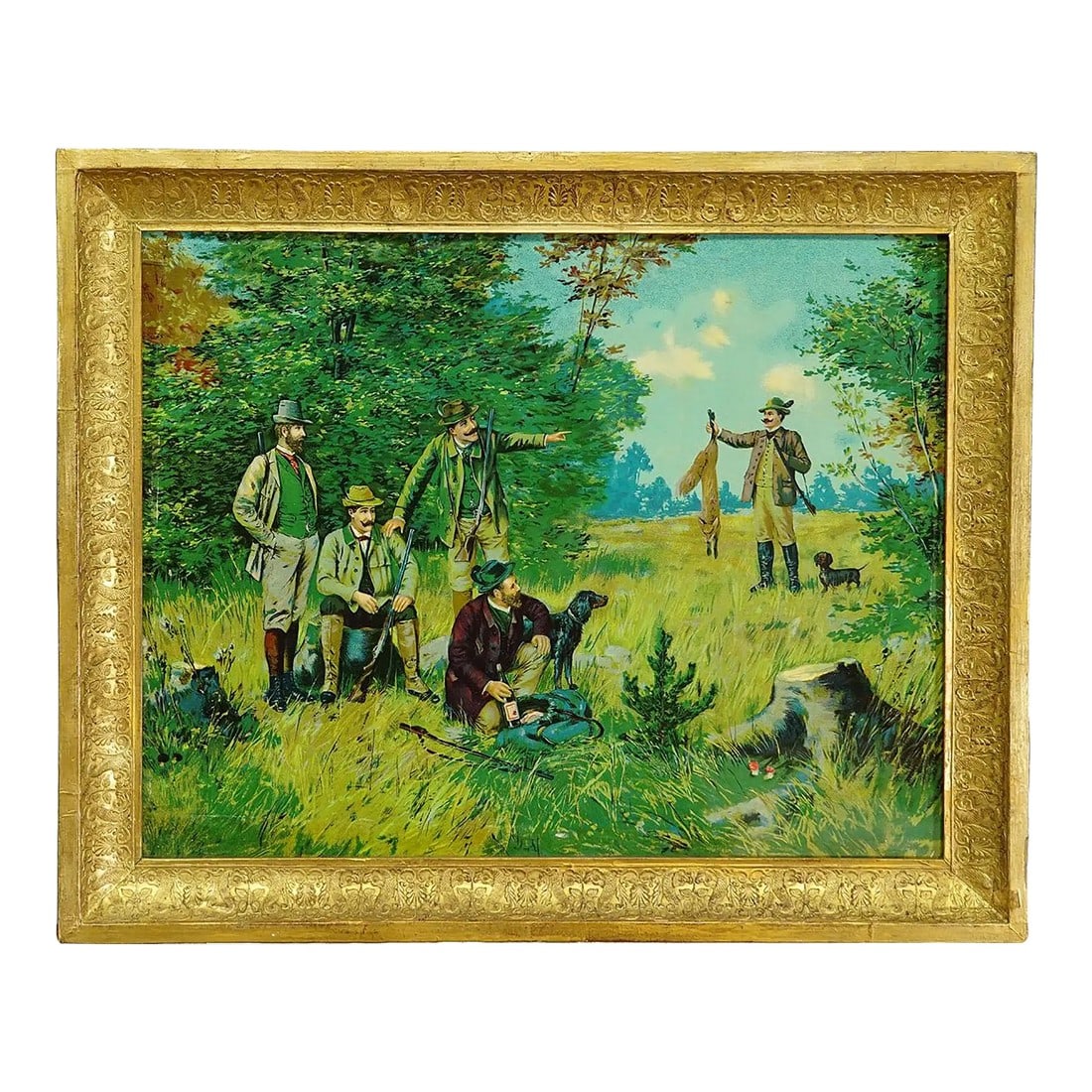 Antique Oil Print With Victorian Hunting Scene After Josef Ringeisen: Antique Oil Print with Victorian Hunting Scene after Josef Ringeisen A colorful oil print depicting a Victorian hunting scene in the Bavarian Forest. A hunter presents his game to his friends. The