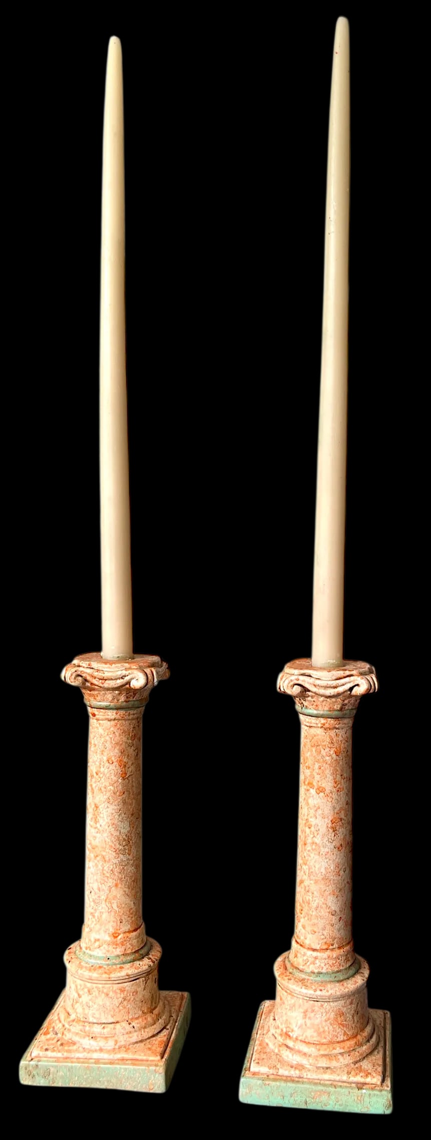 Vintage Italianate Marbleized Terracotta Pink and Green Plaster Candlestick Holders in the Form of C - 2