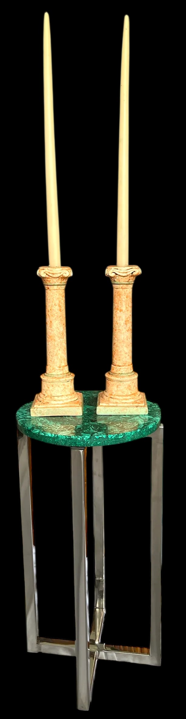 Vintage Italianate Marbleized Terracotta Pink and Green Plaster Candlestick Holders in the Form of C - 3