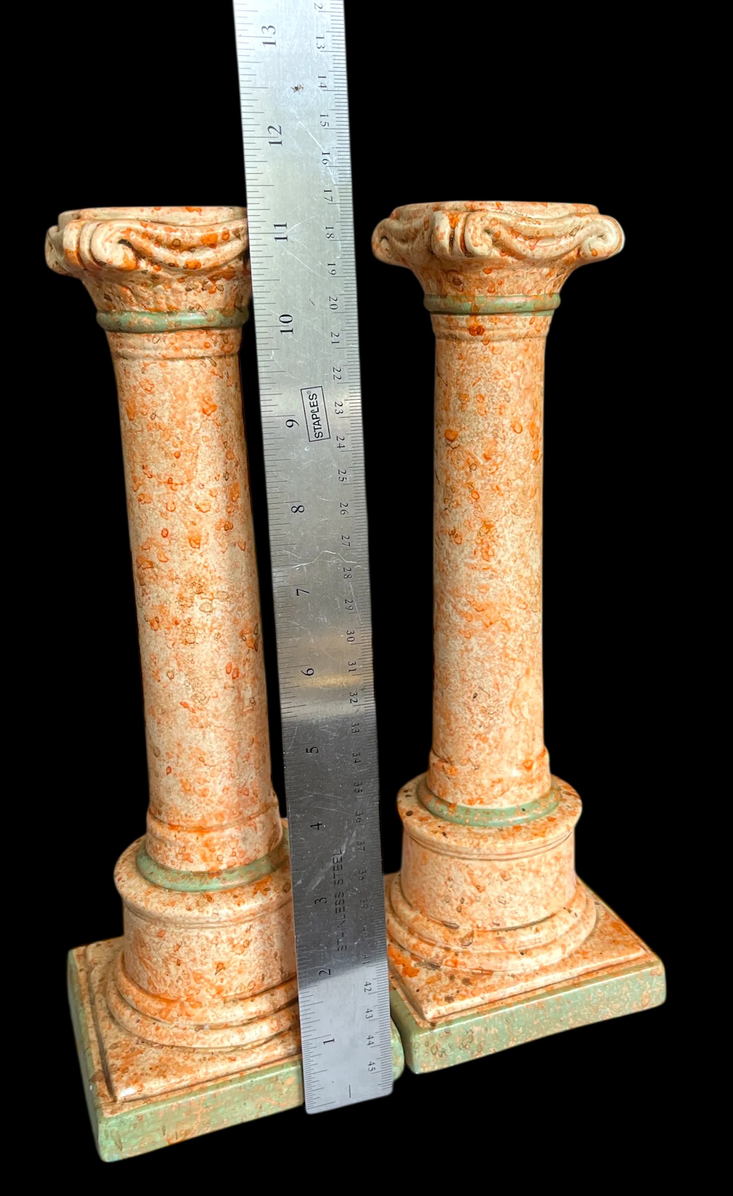 Vintage Italianate Marbleized Terracotta Pink and Green Plaster Candlestick Holders in the Form of C - 6
