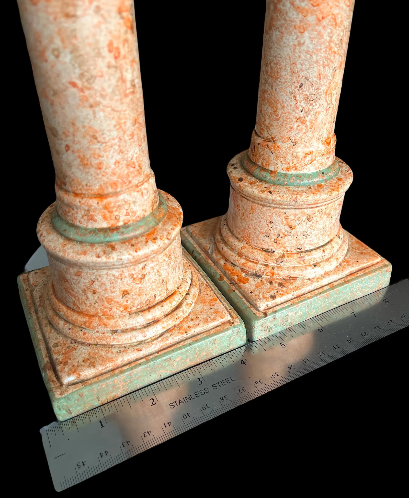 Vintage Italianate Marbleized Terracotta Pink and Green Plaster Candlestick Holders in the Form of C - 7