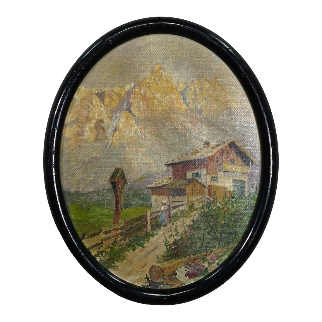 Painting With Summerly High Mountain Landscape Ca. 1900s: Painting with Summerly High Mountain Landscape ca. 1900s A beautiful impressionist oil painting depicting a summerly high mountain landscape with a mountain hut and peasant woman in front of the