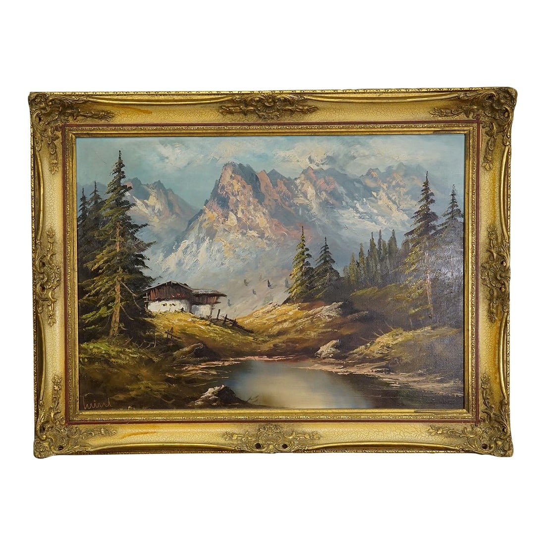 Alpine Landscape Oil Painting With Tyrolean Mountain Hut (1 of 9)