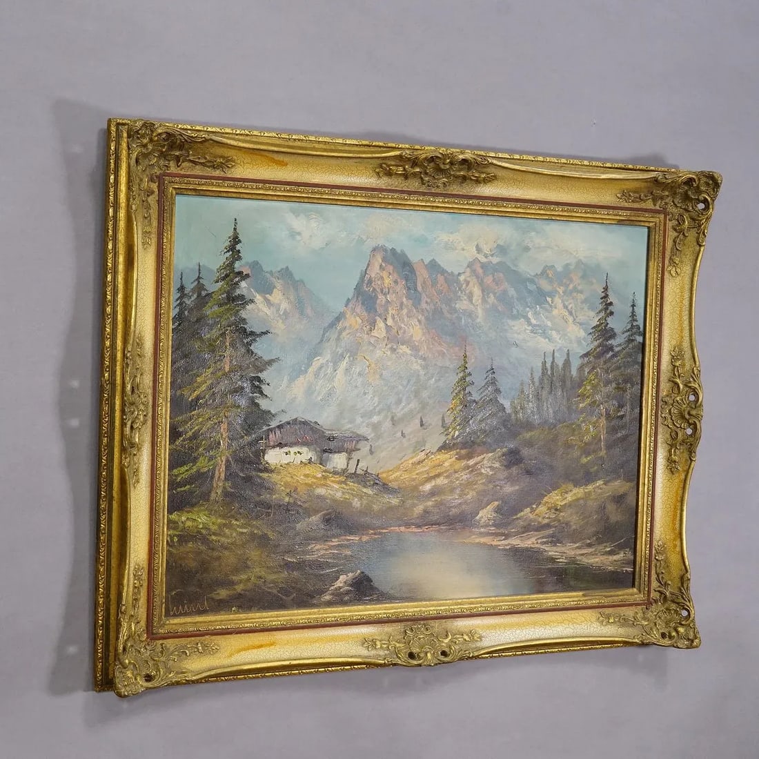 Alpine Landscape Oil Painting With Tyrolean Mountain Hut - 3