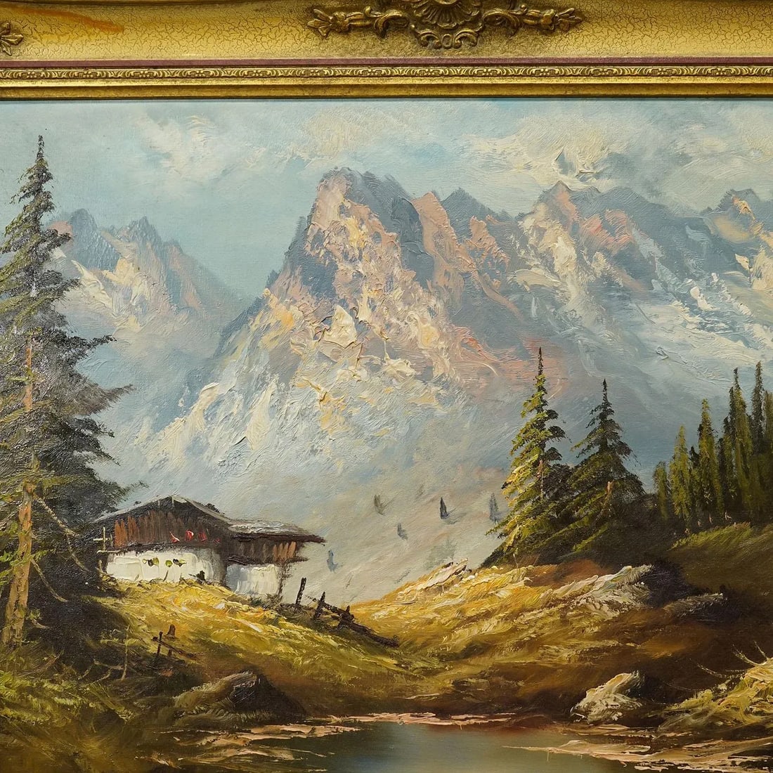 Alpine Landscape Oil Painting With Tyrolean Mountain Hut - 6
