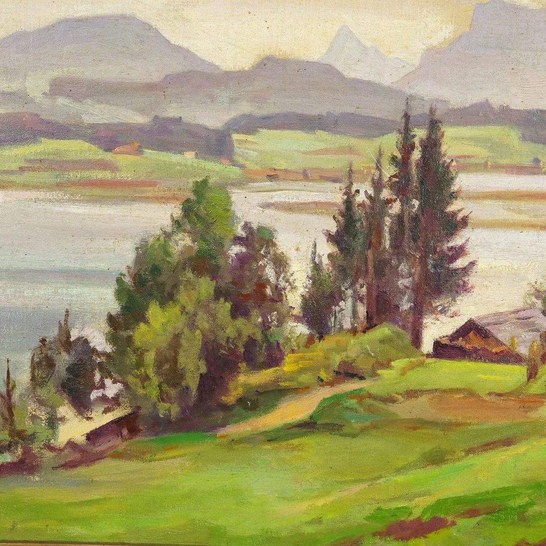 Alpine Lake View Oil Painting With Tyrolean Hut - 3