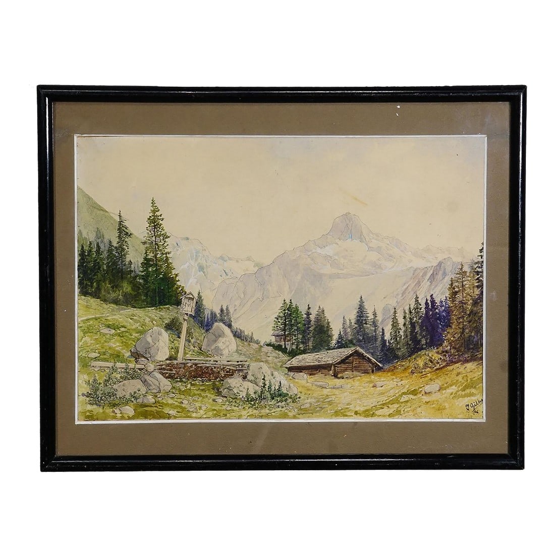 Alpine Landscape Watercolor Painting With Tyrolean Mountain Hut: Alpine Landscape Watercolor Painting with Tyrolean Mountain Hut A timeless landscape, brought to life with delicate watercolor strokes on humble cardboard, a fusion of nostalgia and artistry that whis